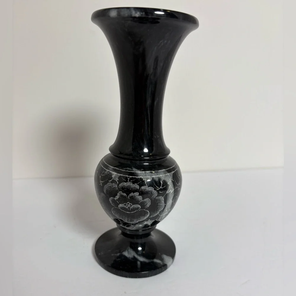 Vintage Marble Dark Gray Floral Etched Vase